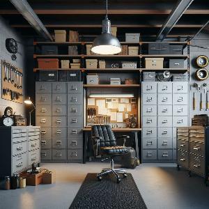 Garage Office Design Ideas with large metal file cabinets to store auto parts-3